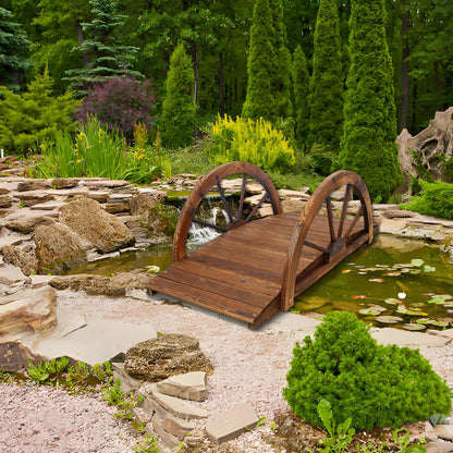 Wooden Garden Bridge Arc Footbridge With Half Wheel Railings Solid Fi - Brown
