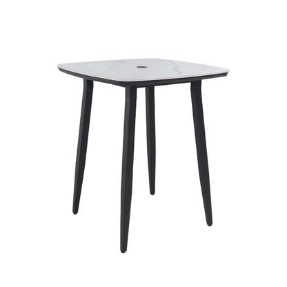 Outdoor Bar Table, Rounded Square Sintered Stone Top With Umbrella Hole, Rust Free Frame, Weatherproof - Ember Black / White