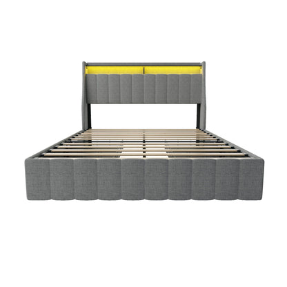 Queen Size Bed Frame With LED Lighting, Winged Headboard With Storage Drawers - Light Gray