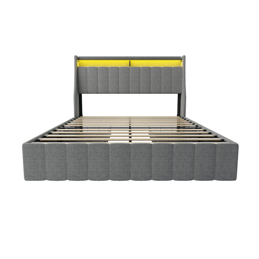Queen Size Bed Frame With LED Lighting, Winged Headboard With Storage Drawers - Light Gray