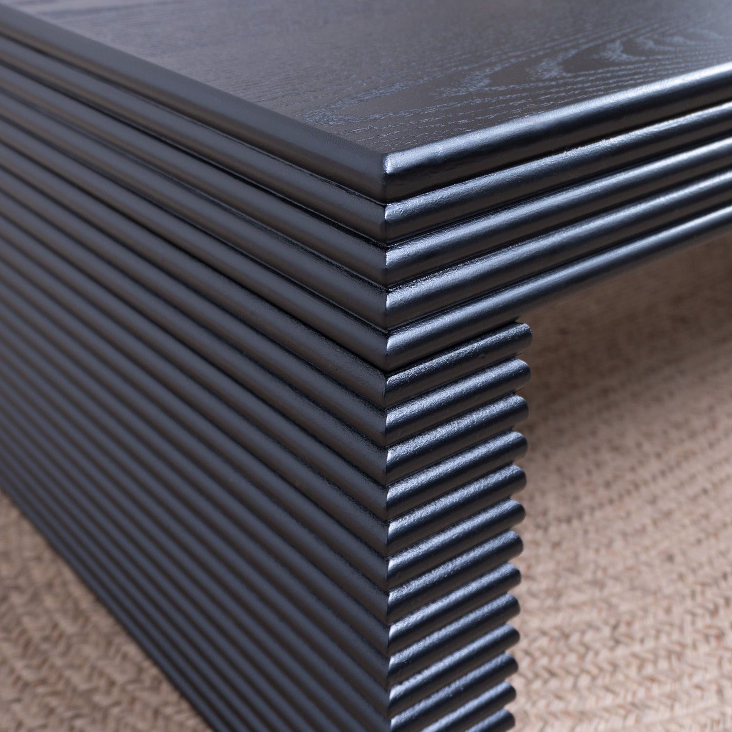 Modern Ribbed Coffee Table, Rectangular Low Profile Center Table For Living Room - Black