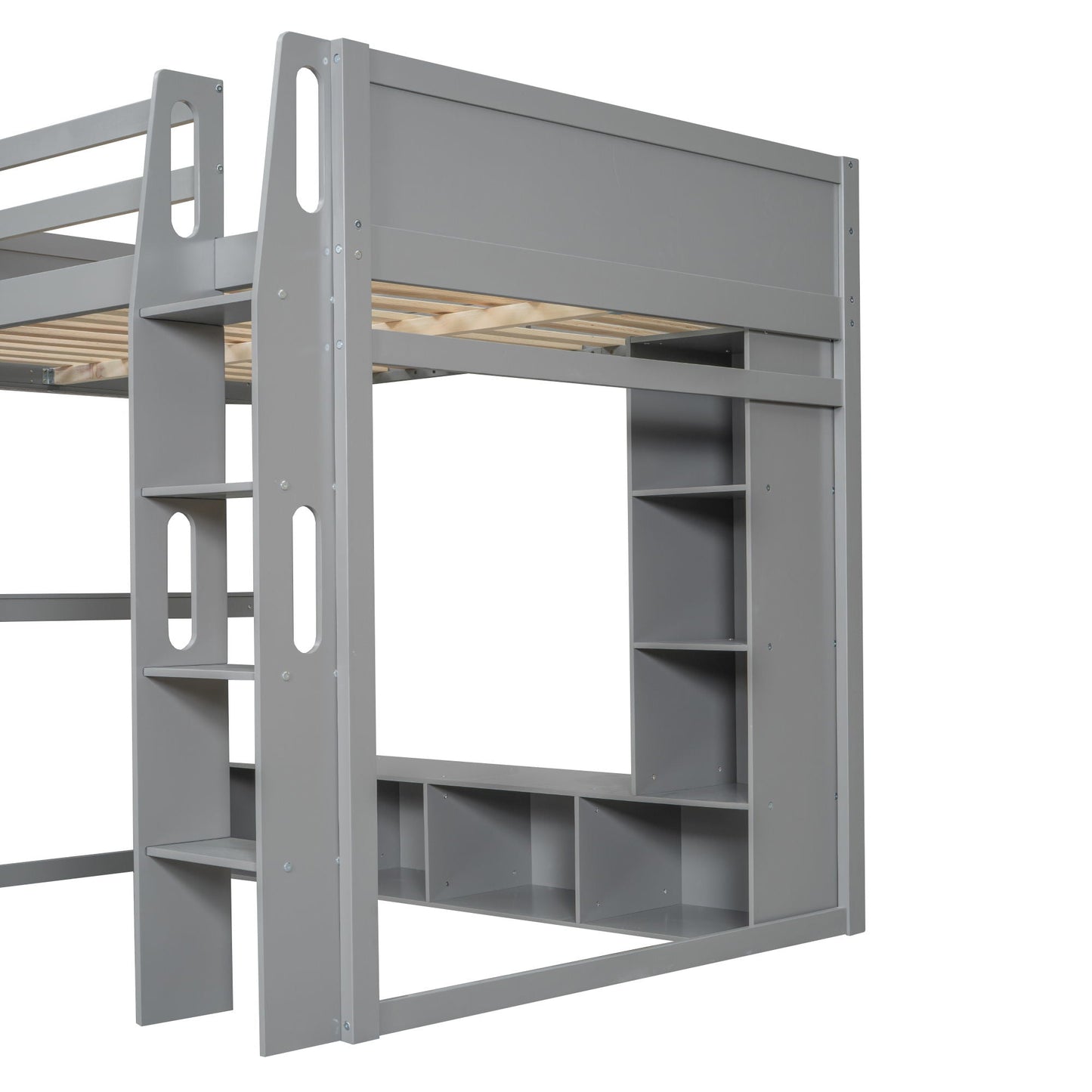 Full Size Gaming Loft Bed With Desk, Multi Storage Shelves, LED Lighting, And Hanging Clothes Rack - Gray