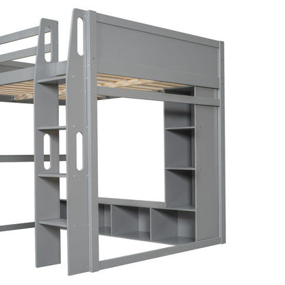 Full Size Gaming Loft Bed With Desk, Multi Storage Shelves, LED Lighting, And Hanging Clothes Rack - Gray