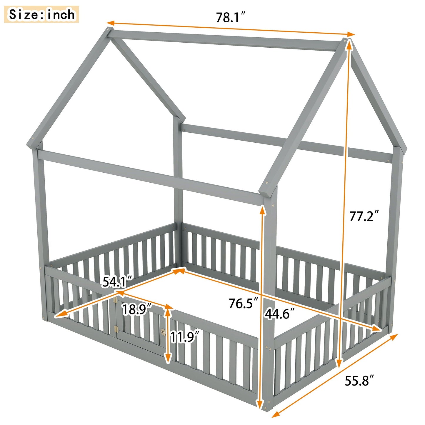 Wood House Bed With Fence And Door