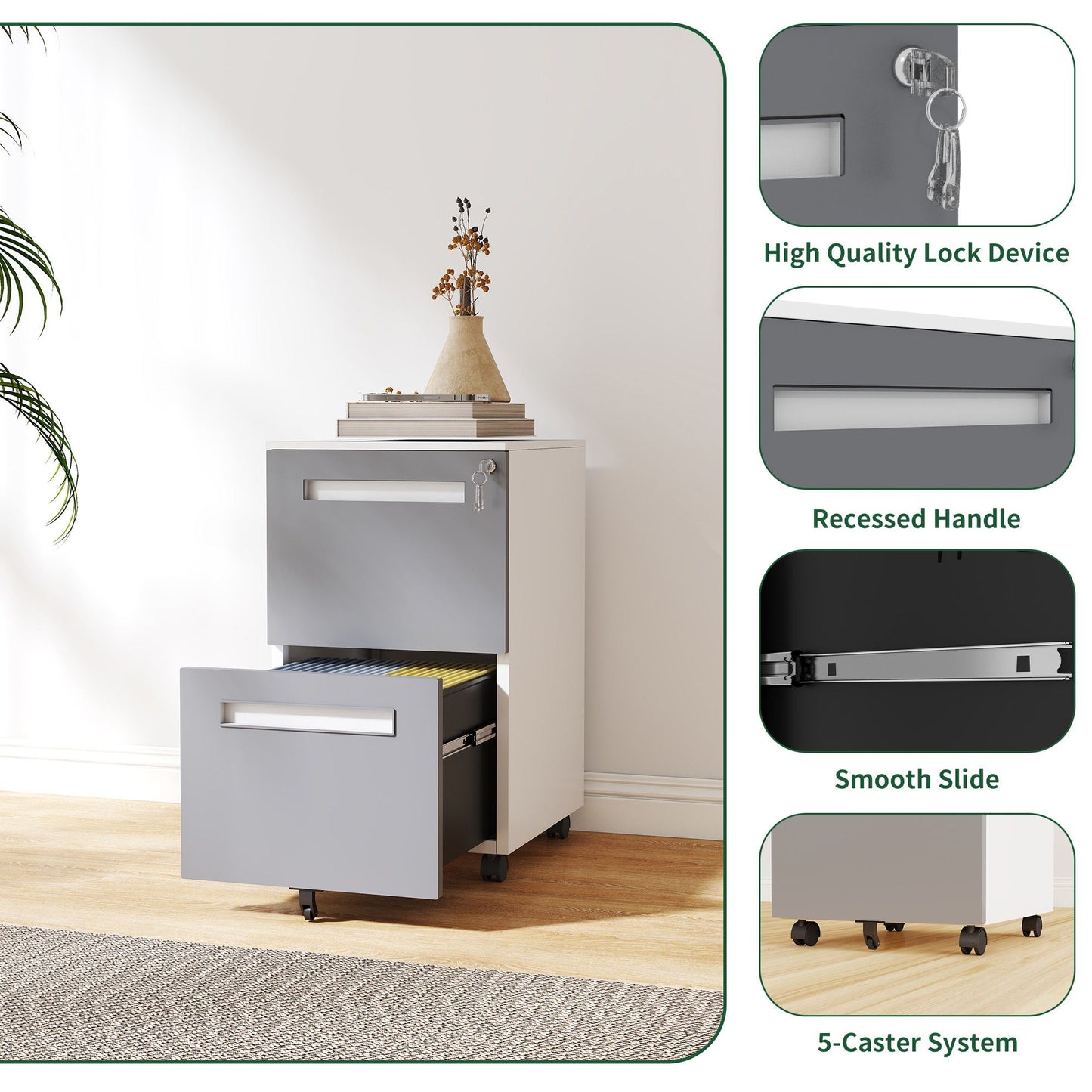 2-Drawer Mobile File Cabinet With Lock,On 360° Wheels, Holds A4/Letter/Legal Files - White