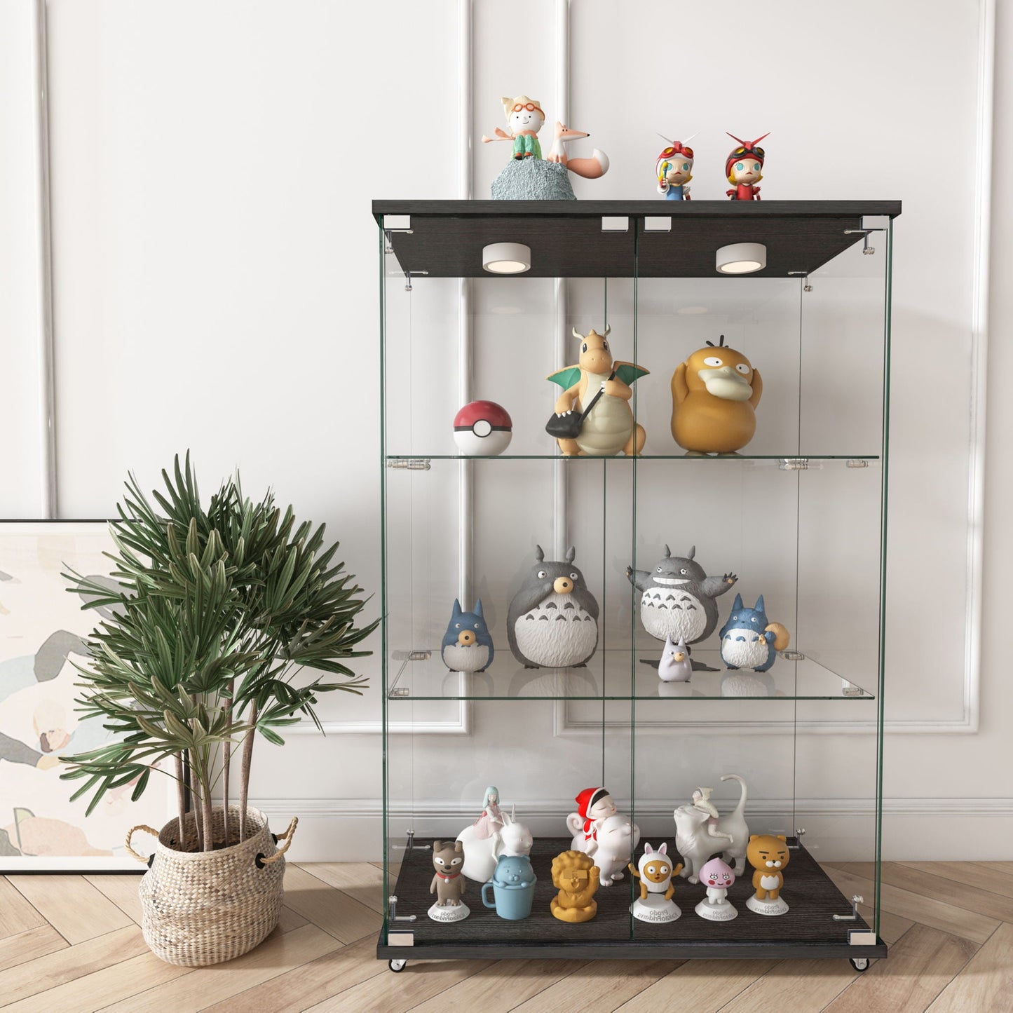 Modern Display Cabinet With LED Lights, Transparent Tempered Glass 2 Door Storage Case With 3 Shelves