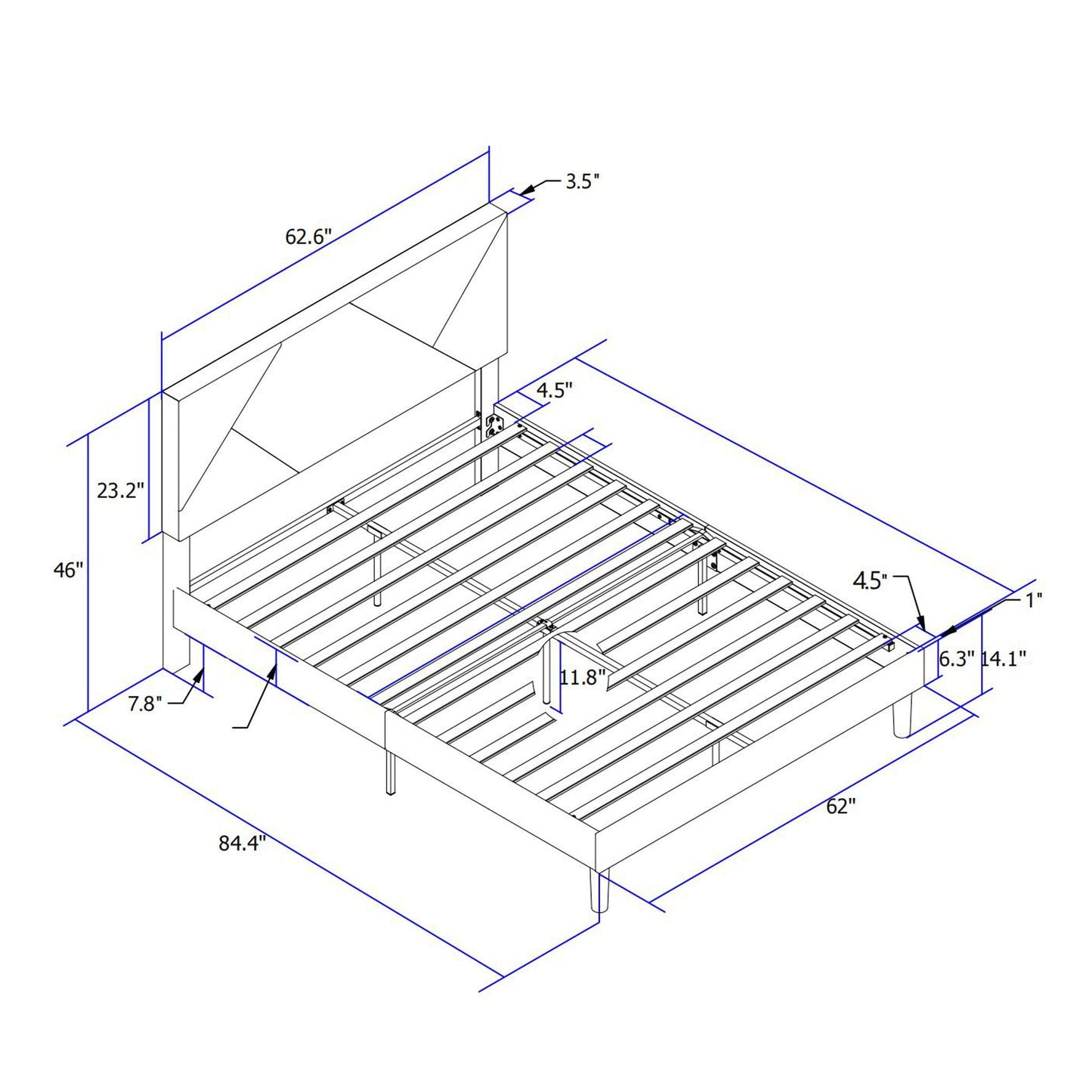 Upholstered Platform Bed Frame With Headboard, Wood Slat Support