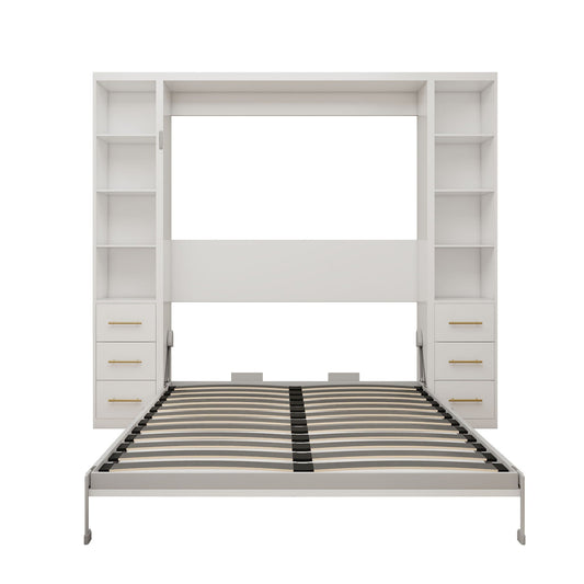 Queen Size Murphy Wall Bed With Side Storage Cabinets - White