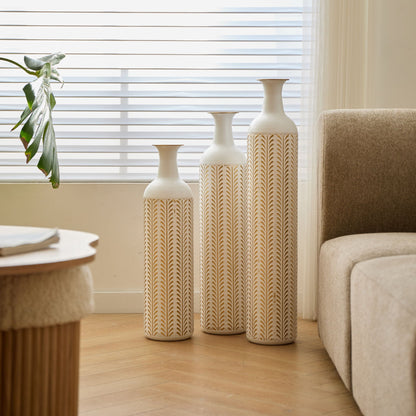 Floor Metal Vase Modern Style Decoration Home Metal Vase 3 Piece Set Gorgeous Home Decoration Large Glazed Metal Vase - Gold / White