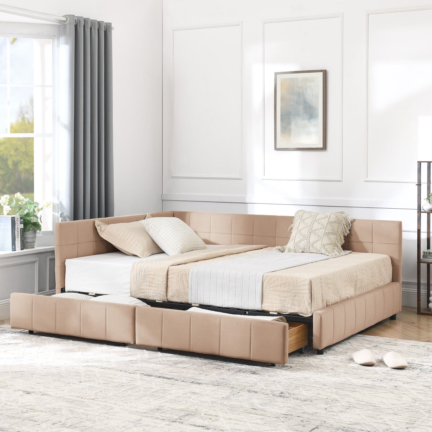 Mid-Century Storage Upholstered Tufted Bed Frame With Backrest And Armrests