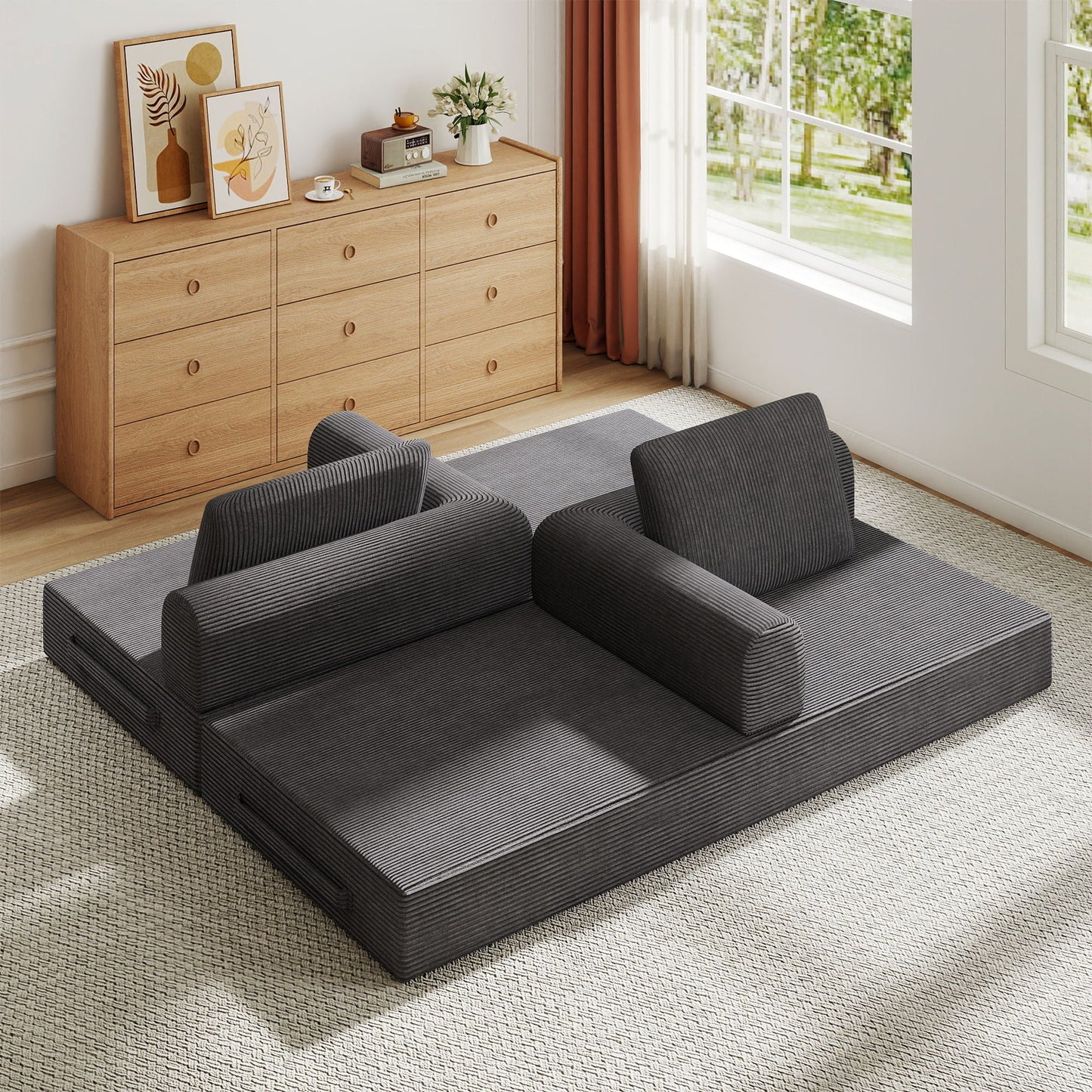 Convertible Sleeper Sofa Bed With Cylindrical Pillow, Fixed Shape Frame
