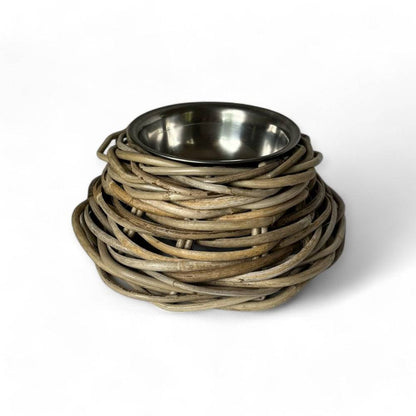 Rattan Pet Bowl with Food-Grade Stainless Steel Bowl
