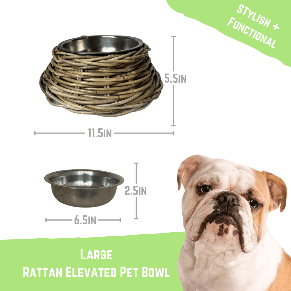 Rattan Pet Bowl with Food-Grade Stainless Steel Bowl