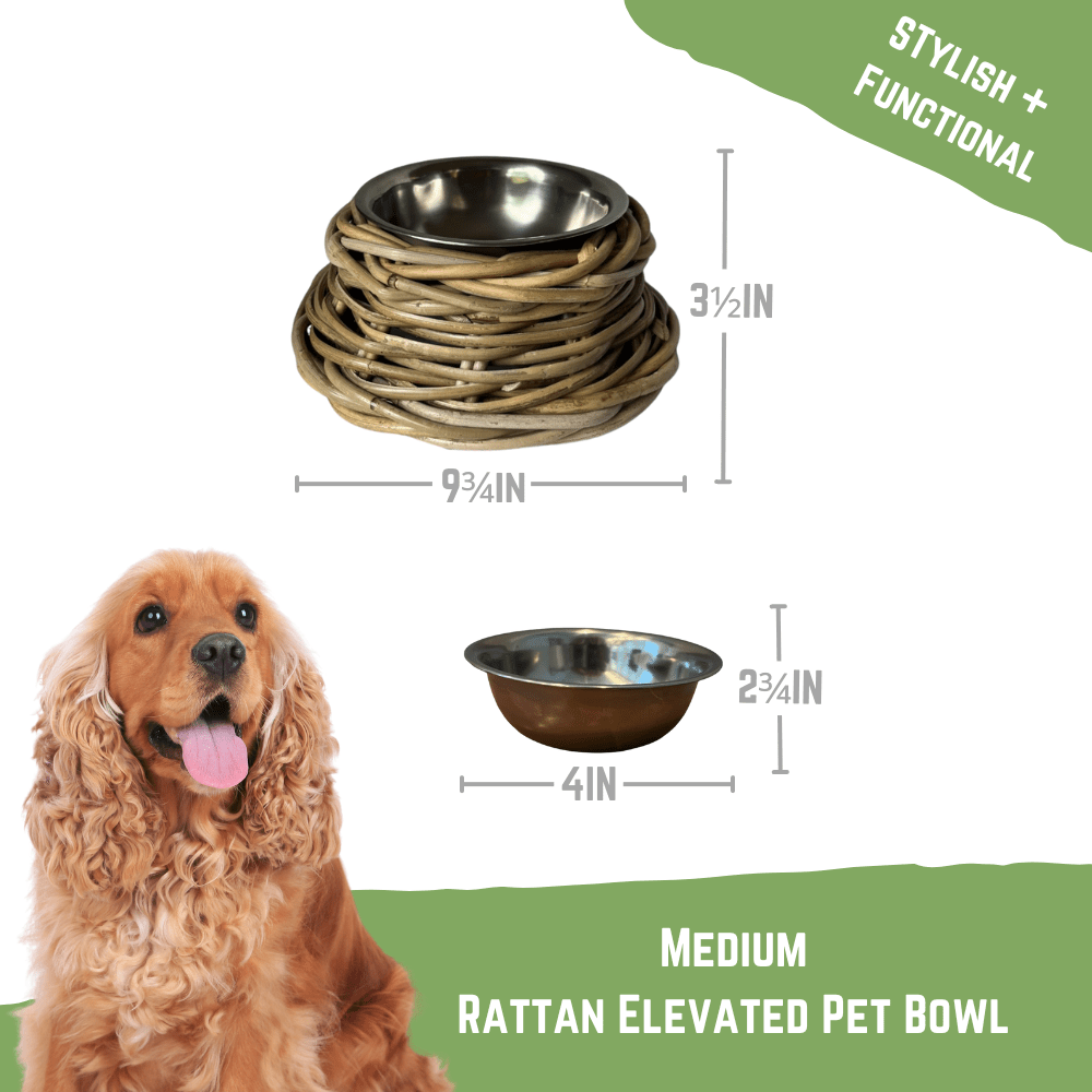 Rattan Pet Bowl with Food-Grade Stainless Steel Bowl
