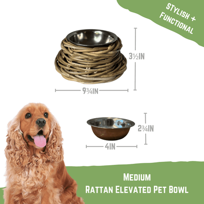 Rattan Pet Bowl with Food-Grade Stainless Steel Bowl