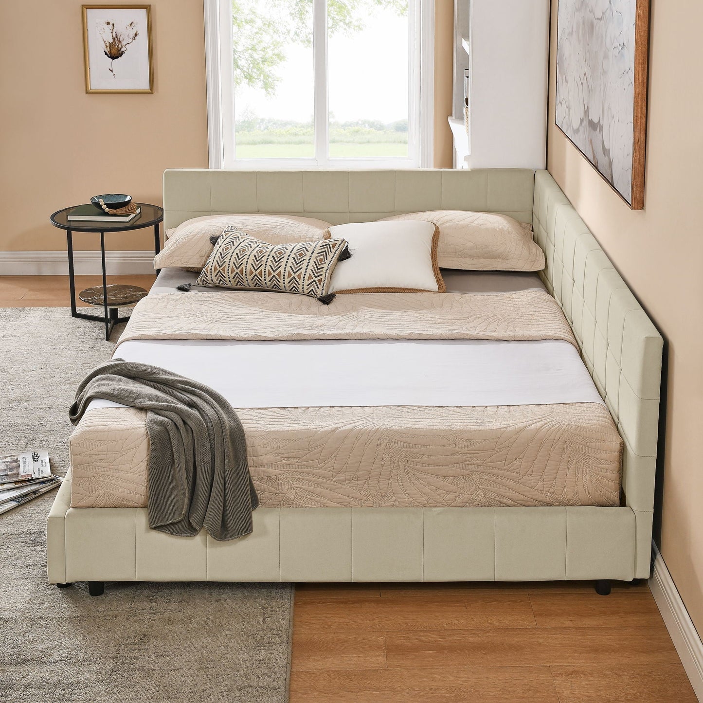 Mid-Century Storage Upholstered Tufted Bed Frame With Backrest And Armrests