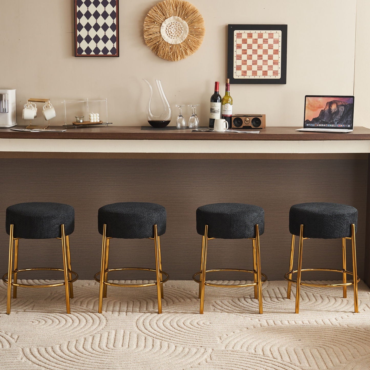 Round Bar Stools (Set of 2), Contemporary Upholstered Dining Stools For Kitchens, Coffee Shops And Bar Stores - Legs