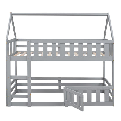 Twin Over Twin House Bunk Bed With Fence And Door