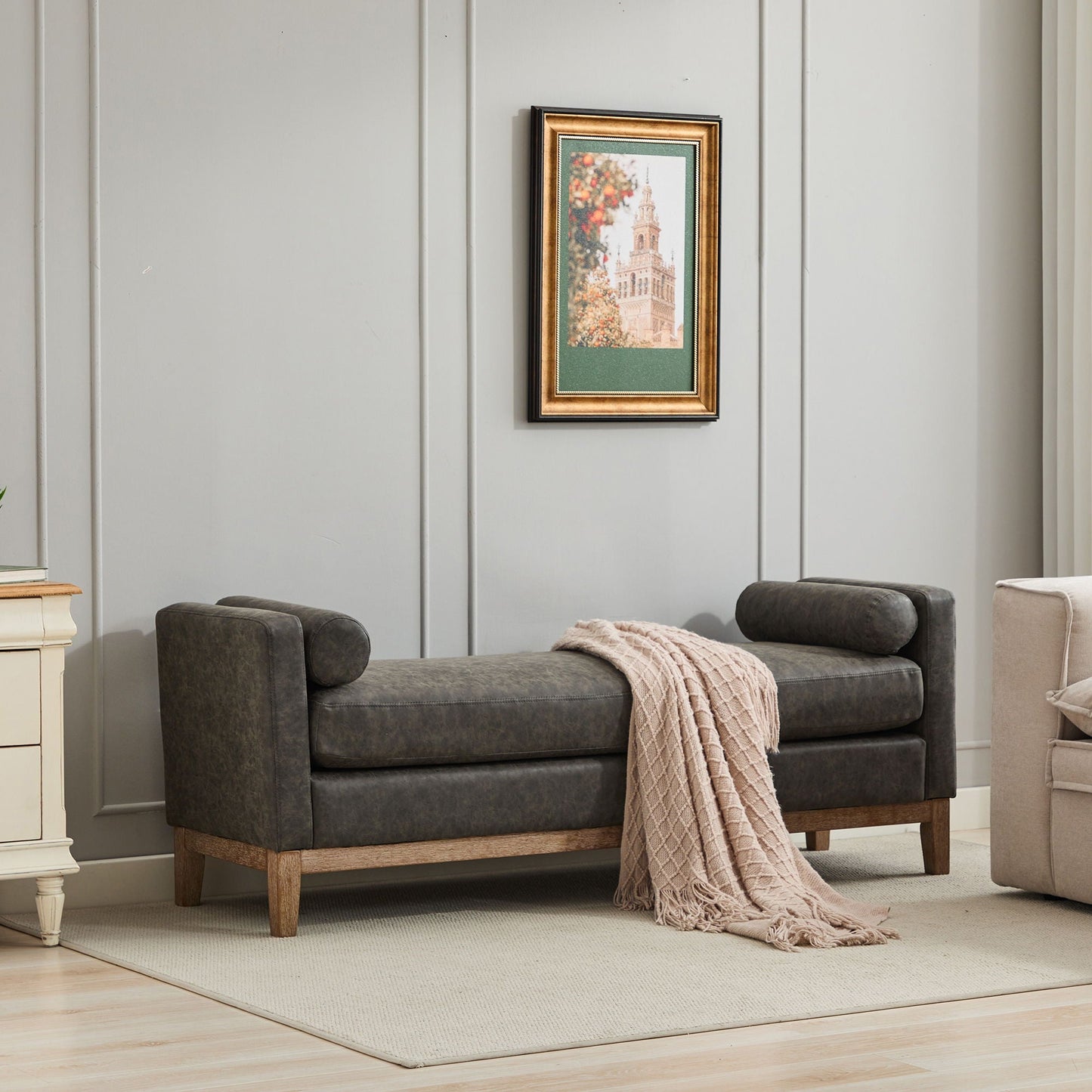 Elegant Upholstered Bench Daybed Ottoman With Bolster Pillows