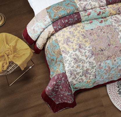 DaDa Bedding Bohemian Burgundy Red Velvet Trim Floral Paisley Patchwork Cotton Bedspread Set (JHW-868)
