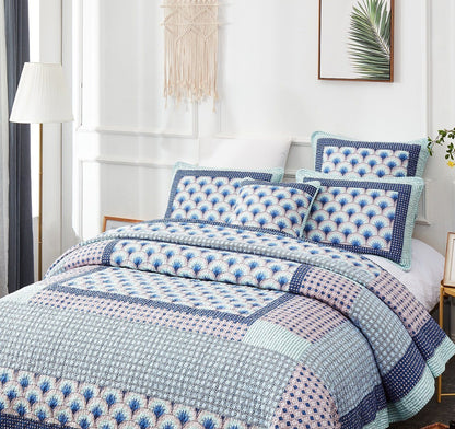 DaDa Bedding Mediterranean Blue Mint Green Patchwork Quilted Bedspread Set (JHW-884)