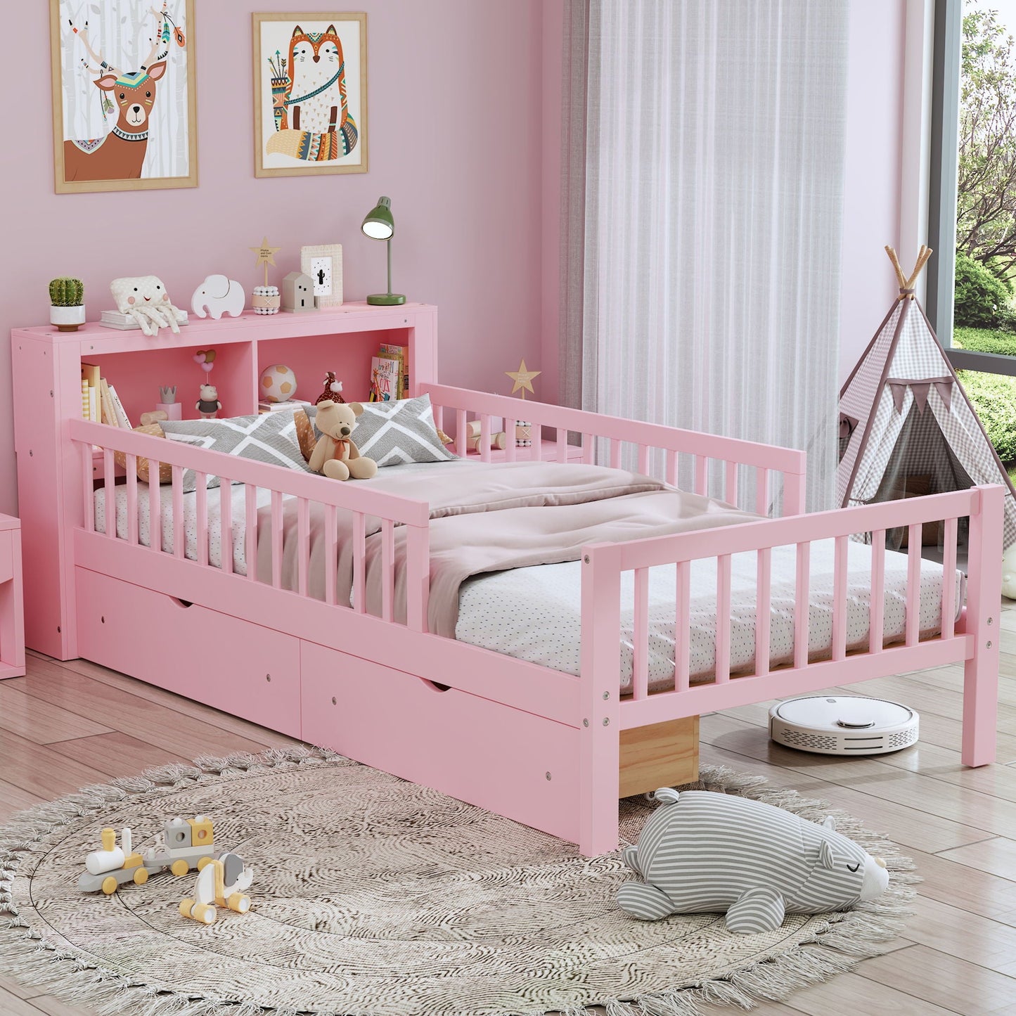 Bed With Headboard Storage Rack, 2 Under Bed Drawers, 3 Side Guardrails For Safety