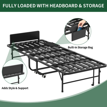 Twin Folding Bed With Adjustable Headboard & Memory Foam Mattress, Portable Coton Wheels For Tall People, Space-Saving Guest Bed - Black