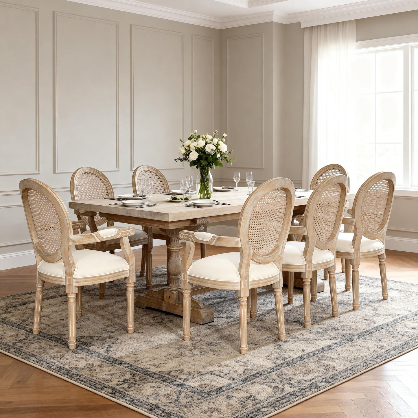 French Vintage Upholstered Fabric Dining Armchair (Set of 2) - Beige