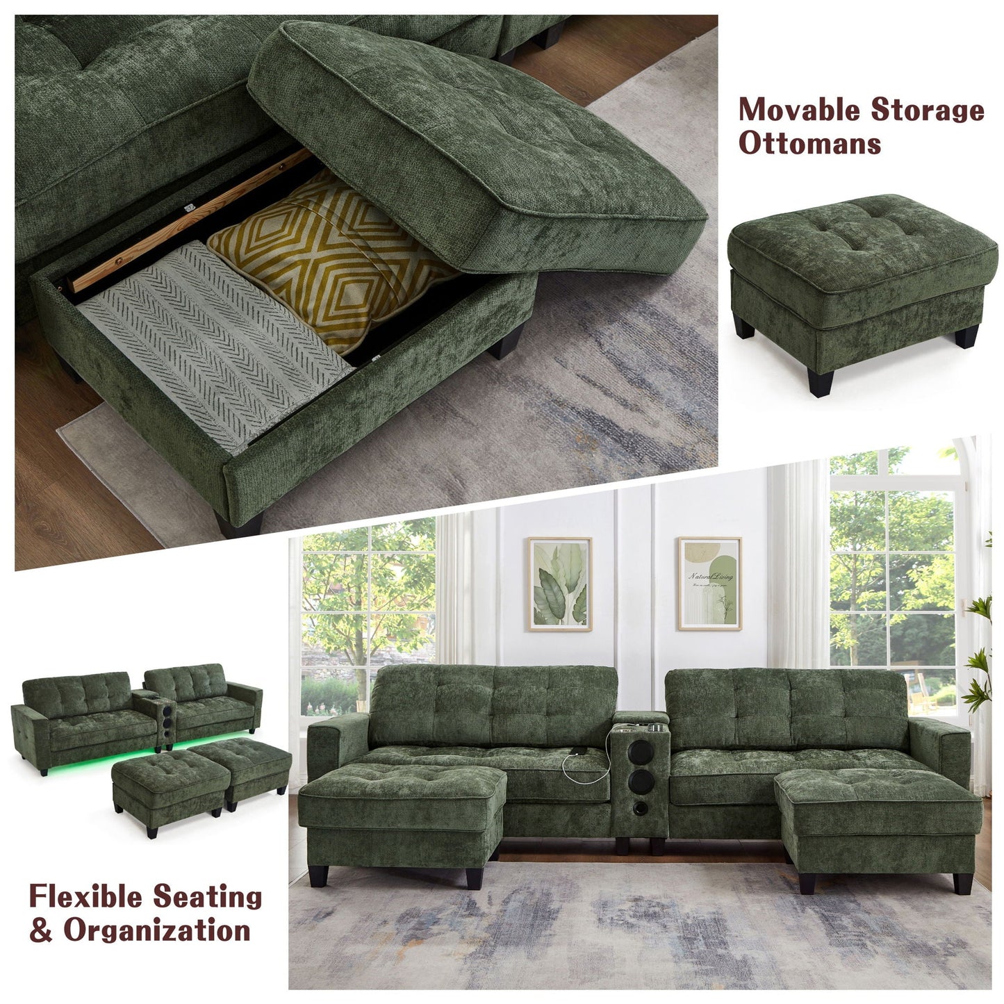 Modern Sectional Sofa U-Shaped With Movable Ottomans, tooth Speakers, LED Lights And Modular Storage