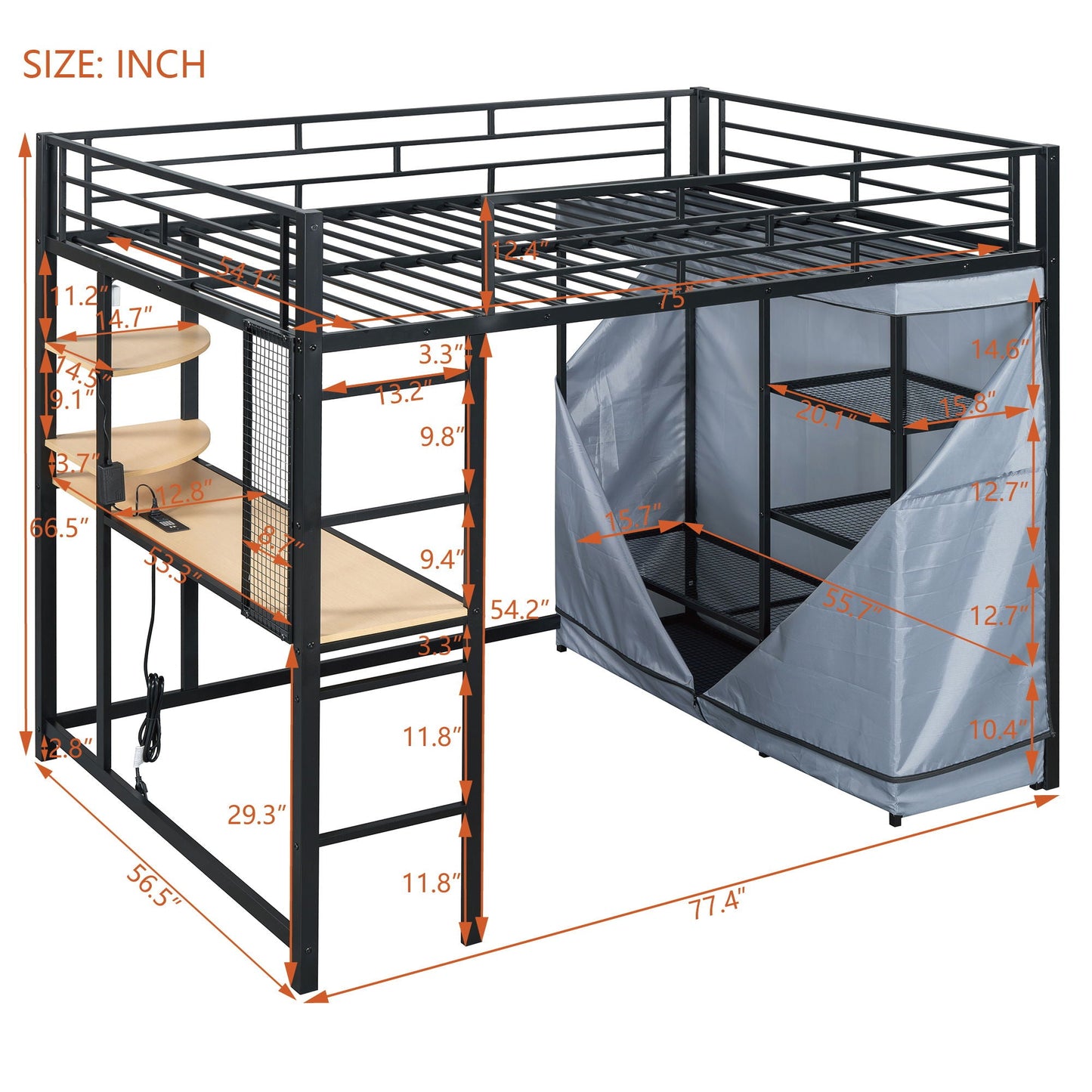 Loft Bed With Desk, Shelves, Power Outlet, LED Light And Wardrobe