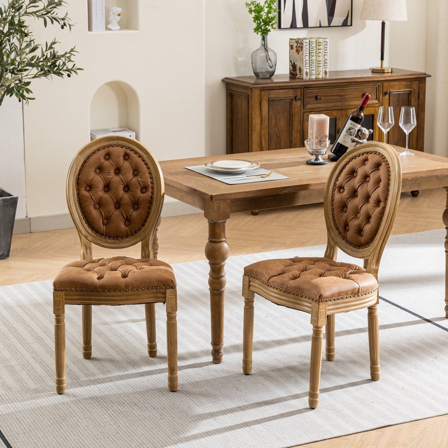 French Style Solid Wood Frame Antique Painting, Hand-Pulled Buckle Decoration Artificial Dining Chair With Nailhead Trim, Wood Legs