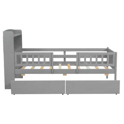 Platform Bed With LED Light, Multi Functional Headboard, Guardrail And 2 Drawers