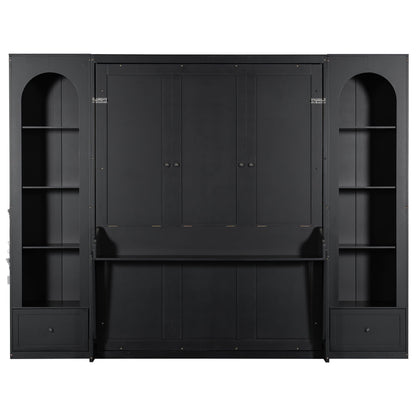 French Style Murphy Platform Bed With Shelf, Side Cabinets, Drawers And LED