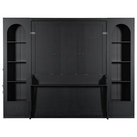 French Style Murphy Platform Bed With Shelf, Side Cabinets, Drawers And LED