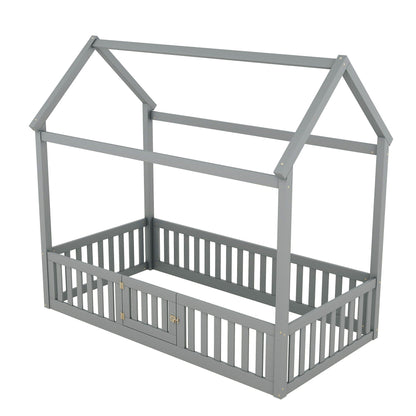 Wood House Bed With Fence And Door
