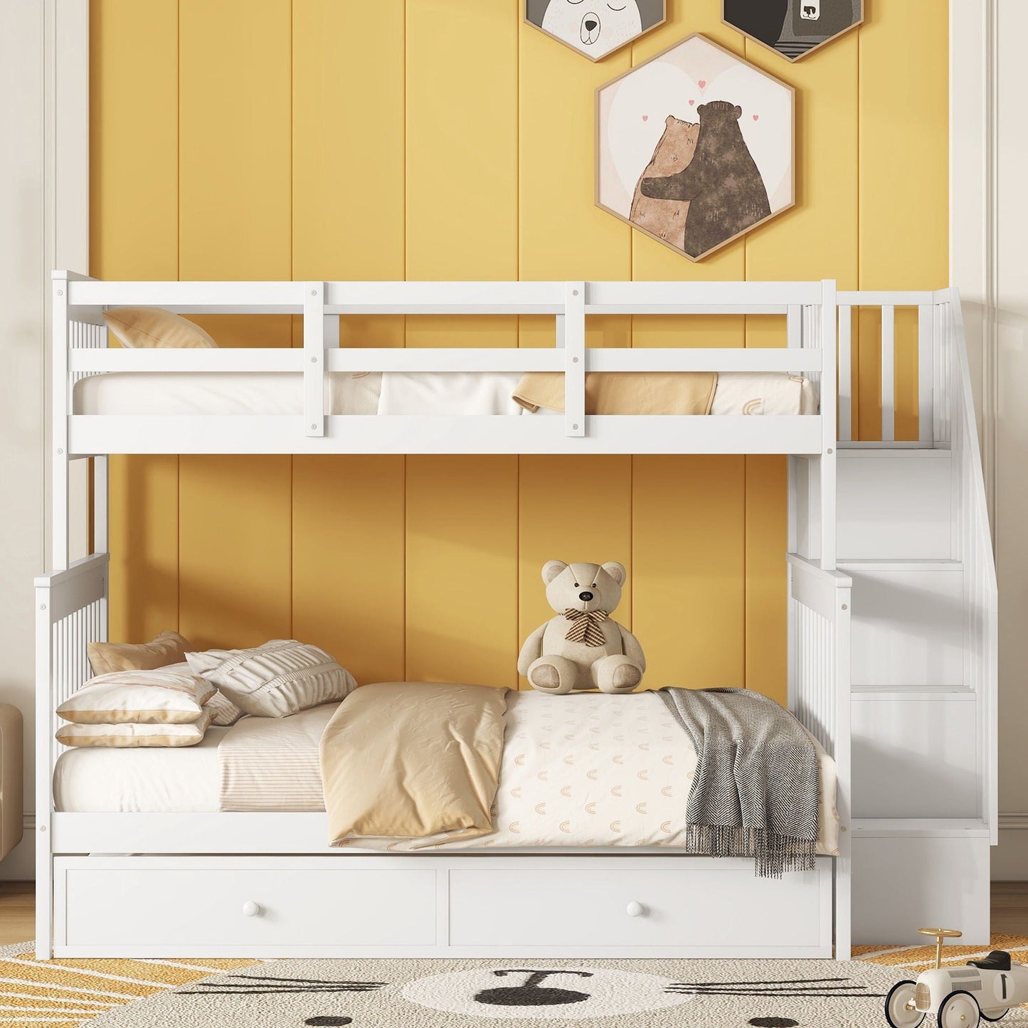 Bunk Bed With Twin Size Trundle, Storage And Guard Rail For Bedroom