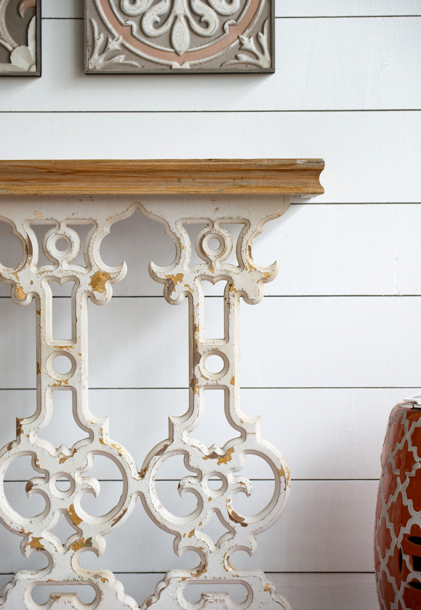 Classic Vintage Wash Console Table With Wood Top - Brown / Antique White
