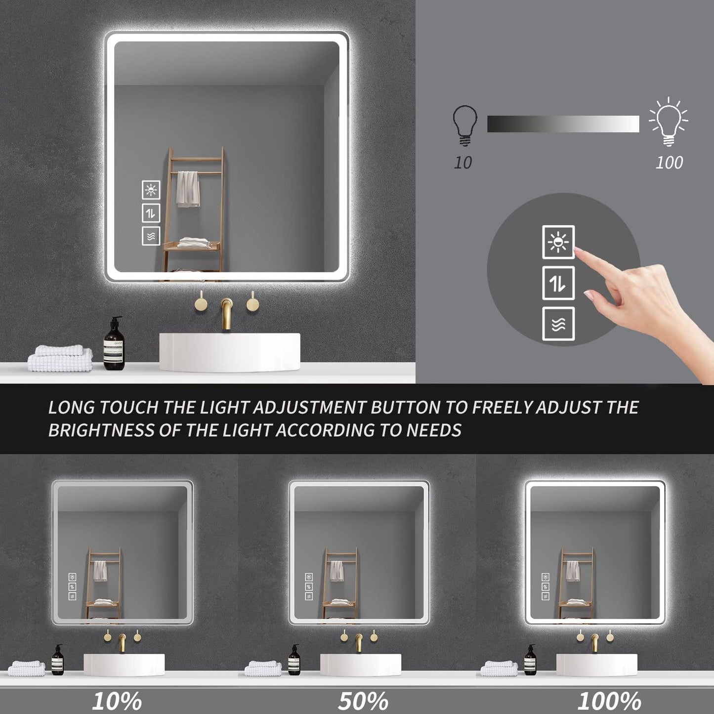 LED Bathroom Mirror, Anti Explosion Glass, Rust Resistant, Anti Fog, Tri Color