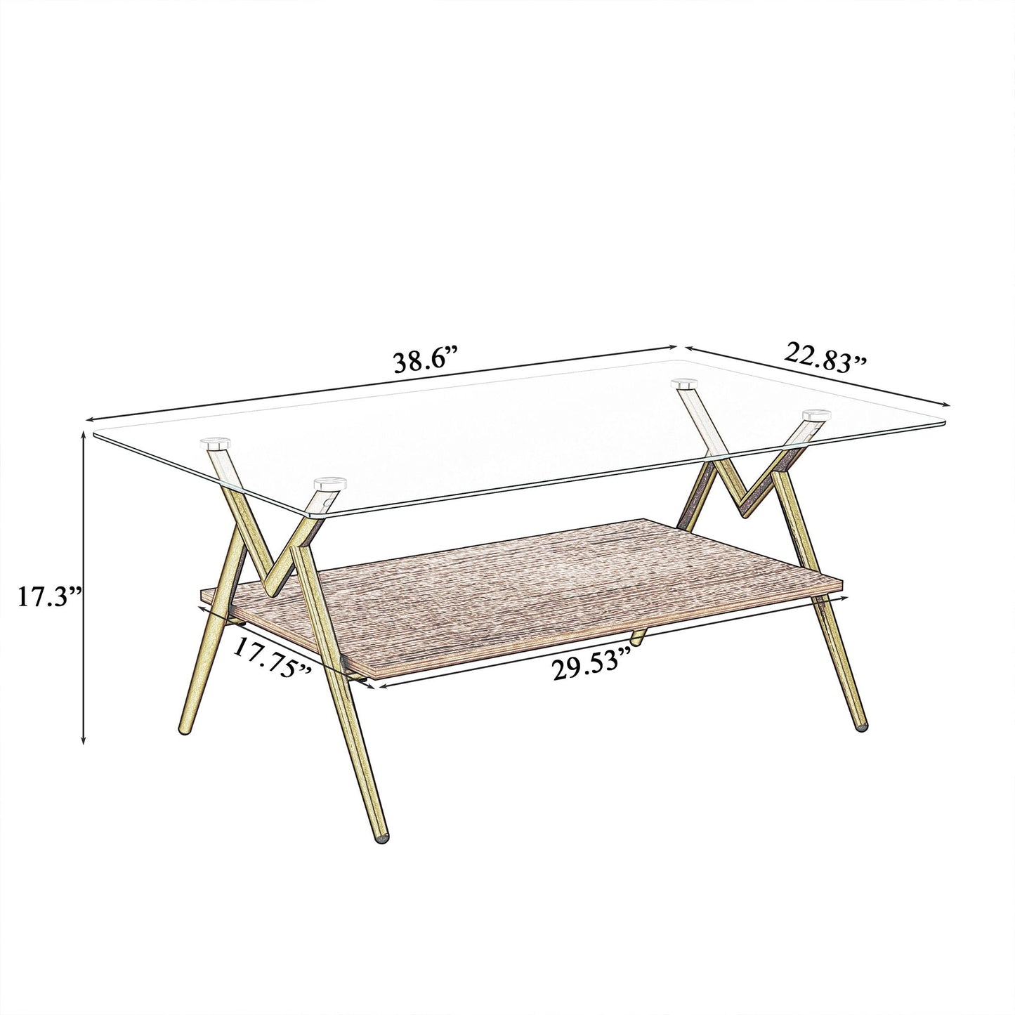 Rectangle Coffee Table With Tempered Glass Top And Shelf