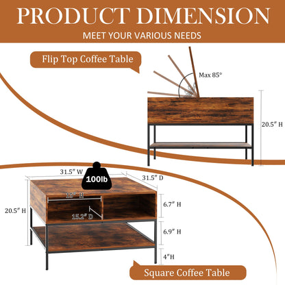 Flip-Top Coffee Table With Storage Lift-Top Design With Hidden Compartment - Black