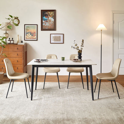 Mid Century Modern Dining Table Round White Sintered Stone Top Heavy Duty Metal Legs Waterproof Surface For Kitchen Dining Room Or Office Furniture - White / Black