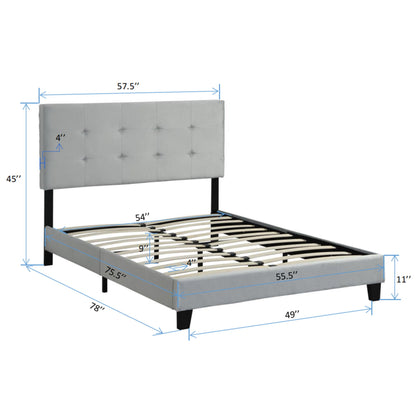 Full Size Upholstered Platform Bed Frame With Tufted Headboard, Strong Wood Slat Support - Gray