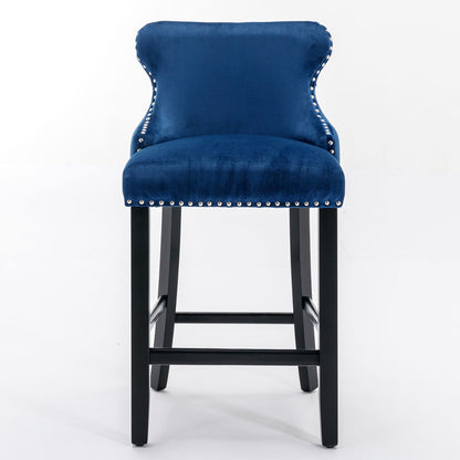 Contemporary Upholstered Wing-Back Barstools With Button Tufted Decoration And Wooden Legs, And Nailhead Trim, Leisure Style Bar Chairs, Bar Stools (Set of 2)