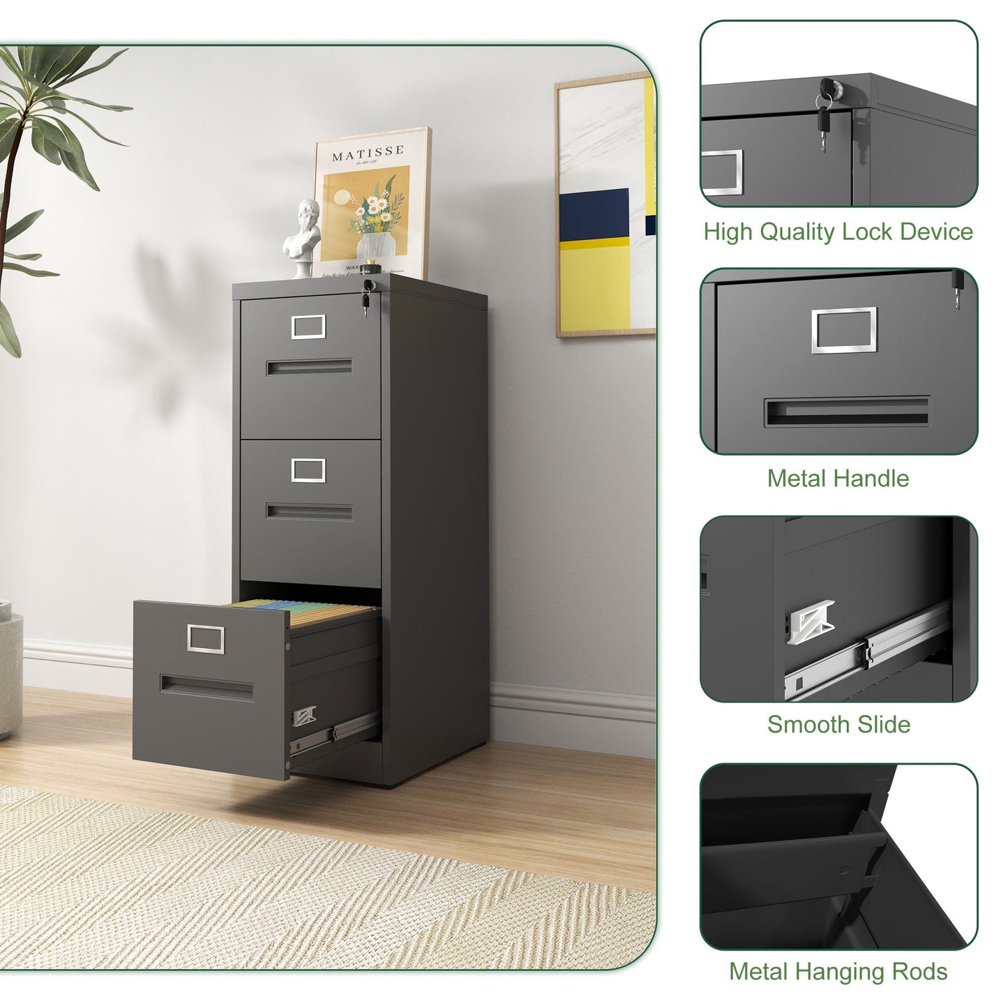 Premium Drawer File Cabinet With Lock, Metal Vertical Design, A4 Legal / Letter Size