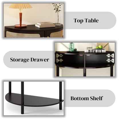 Boho Rattan Semi Circle End Table With Sliding Rattan Door, Storage And Bottom Shelf