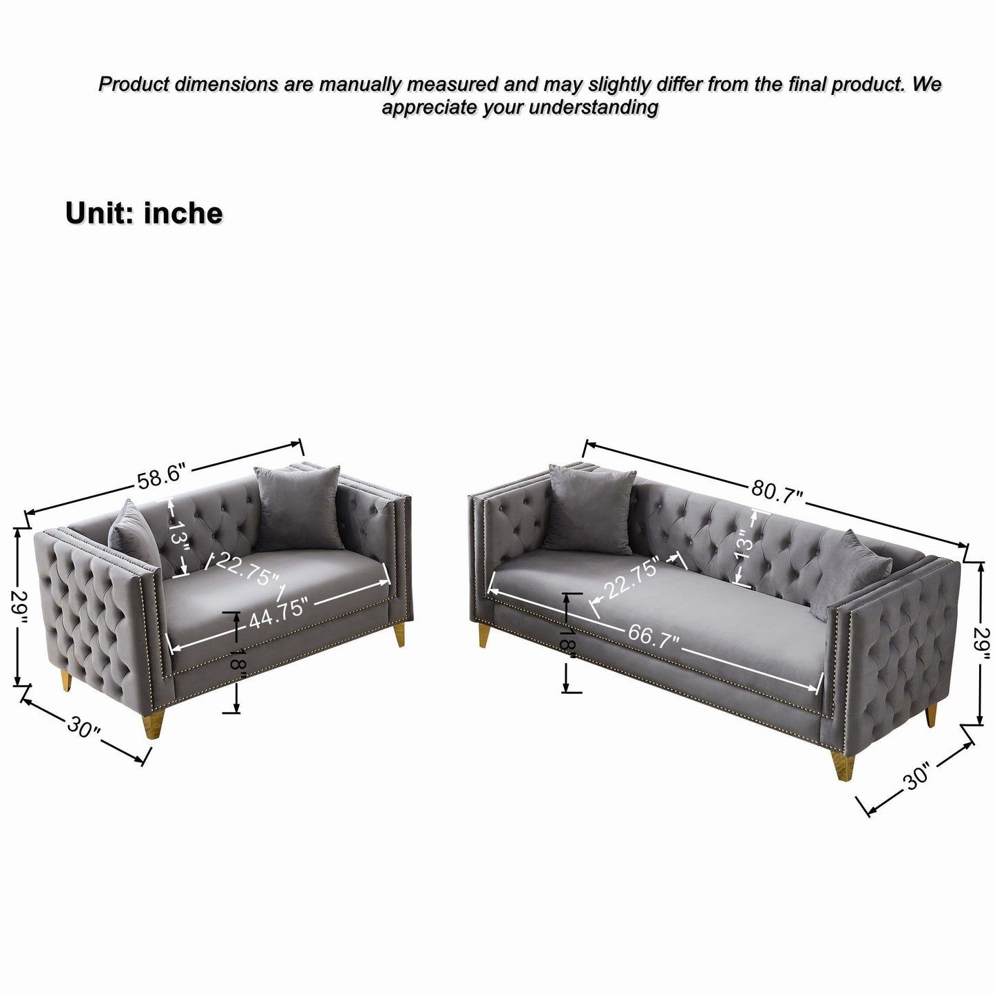 Deep Seat Sofa With Button Nailhead, Square Arm Couches