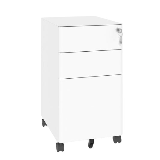 3-Drawer Mobile File Cabinet With Lock, On Wheels, Two Shallow & One Deep Drawer For Office/Home, Fully Assembled - White
