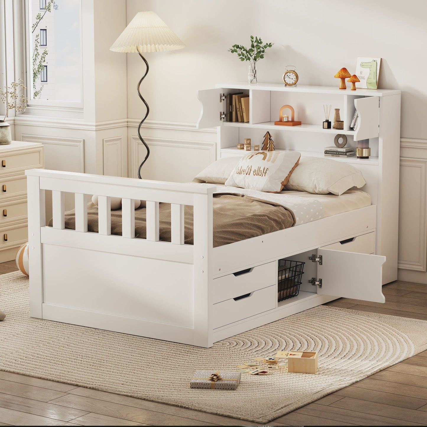 Captain Platform Bed Frame With Storage Bookcases, Shelves, And 4 Drawers