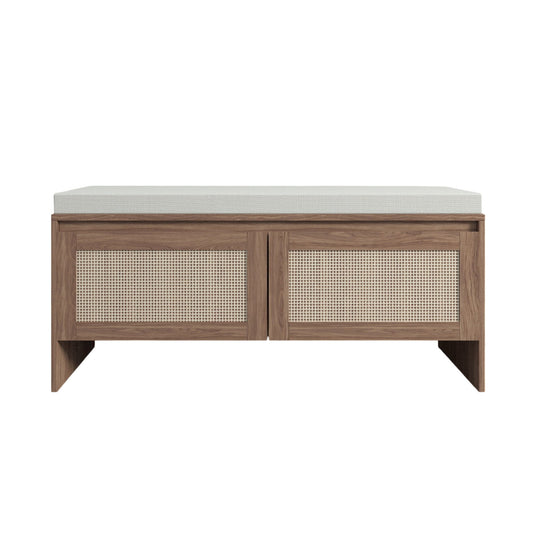 Storage Bench With Cushion, Shoe Cabinet With 2 Doors - Antique Natural / Rattan