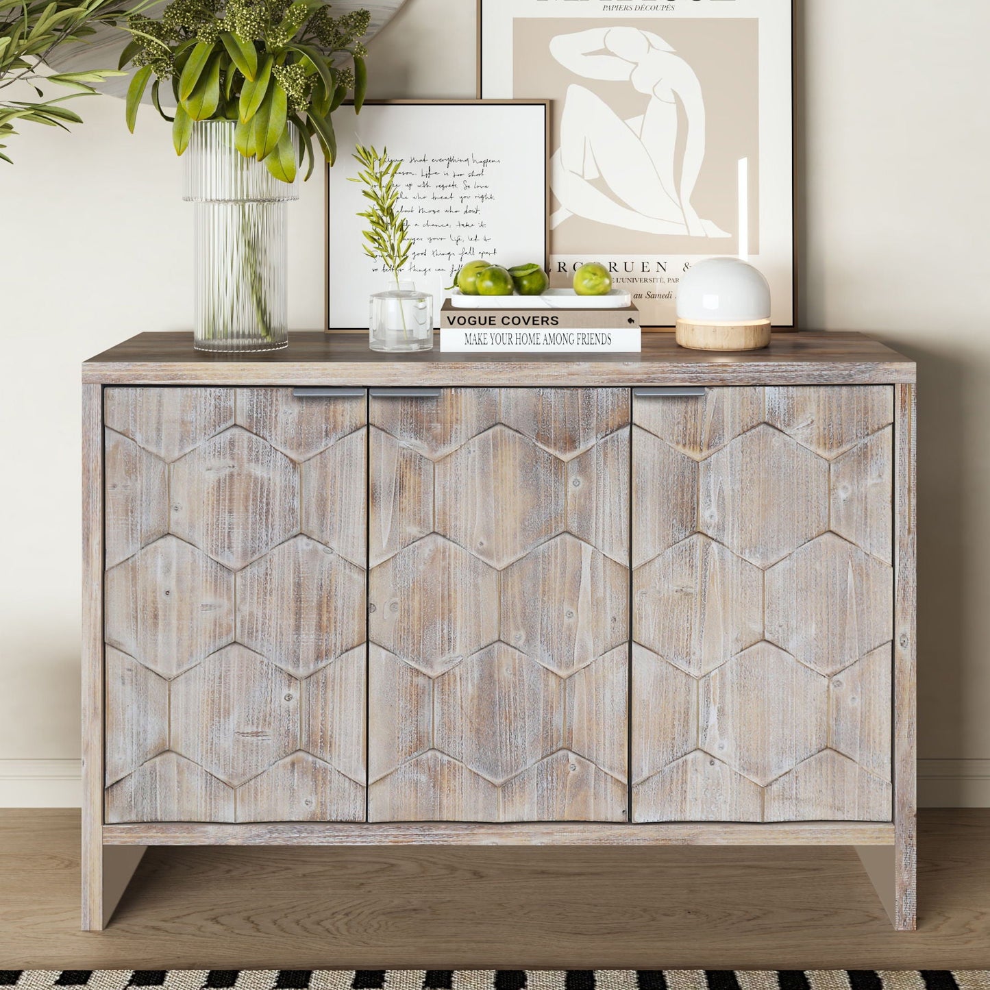 Accent Cabinet Farmhouse Style 3 Door Wooden Cabinet Sideboard Buffet Server Cabinet Storage Cabinet, For Living Room - Natural Wood Wash